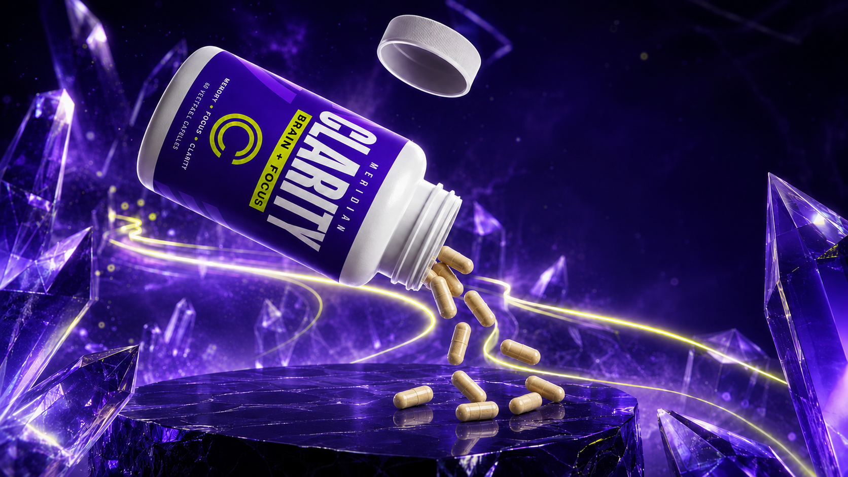 Open Meridian Clarity bottle releasing capsules among purple crystals