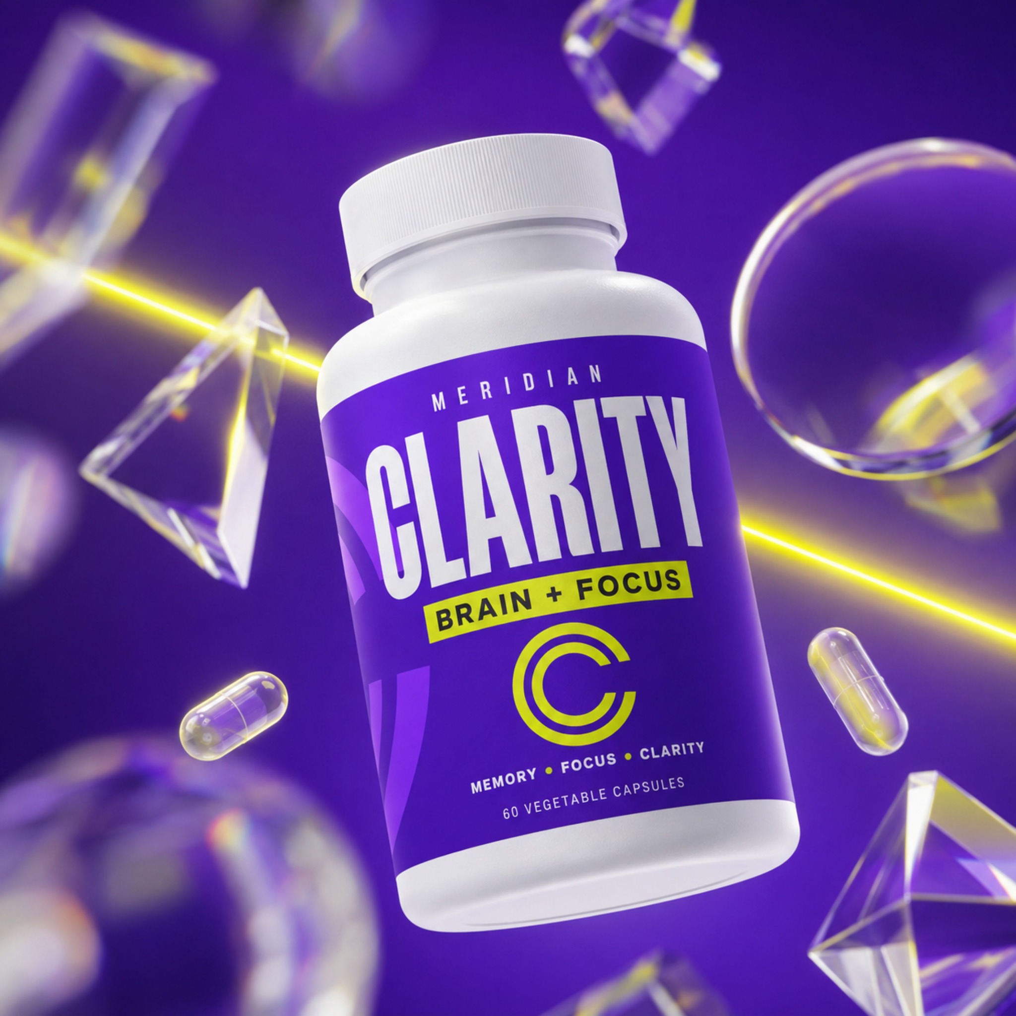 Meridian Clarity bottle floating among crystals and capsules