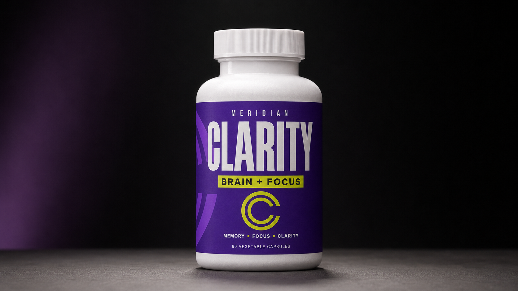Meridian Clarity bottle under a studio spotlight