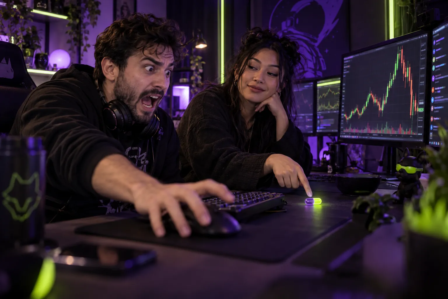 Two traders at a desk: one panics at a green candle while the other calmly points at a Clarity capsule