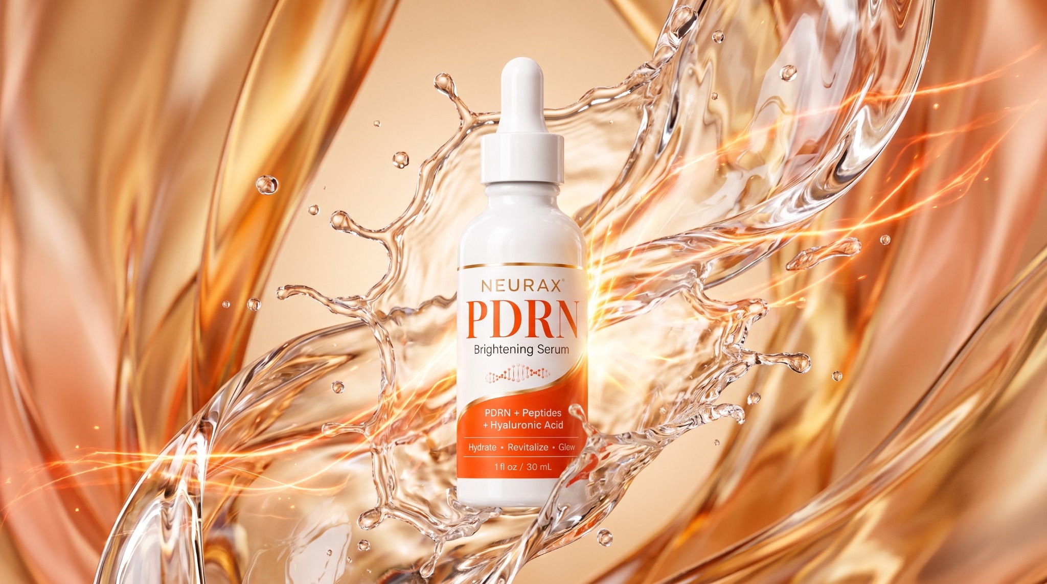 PDRN Brightening Serum in a luminous orange liquid world